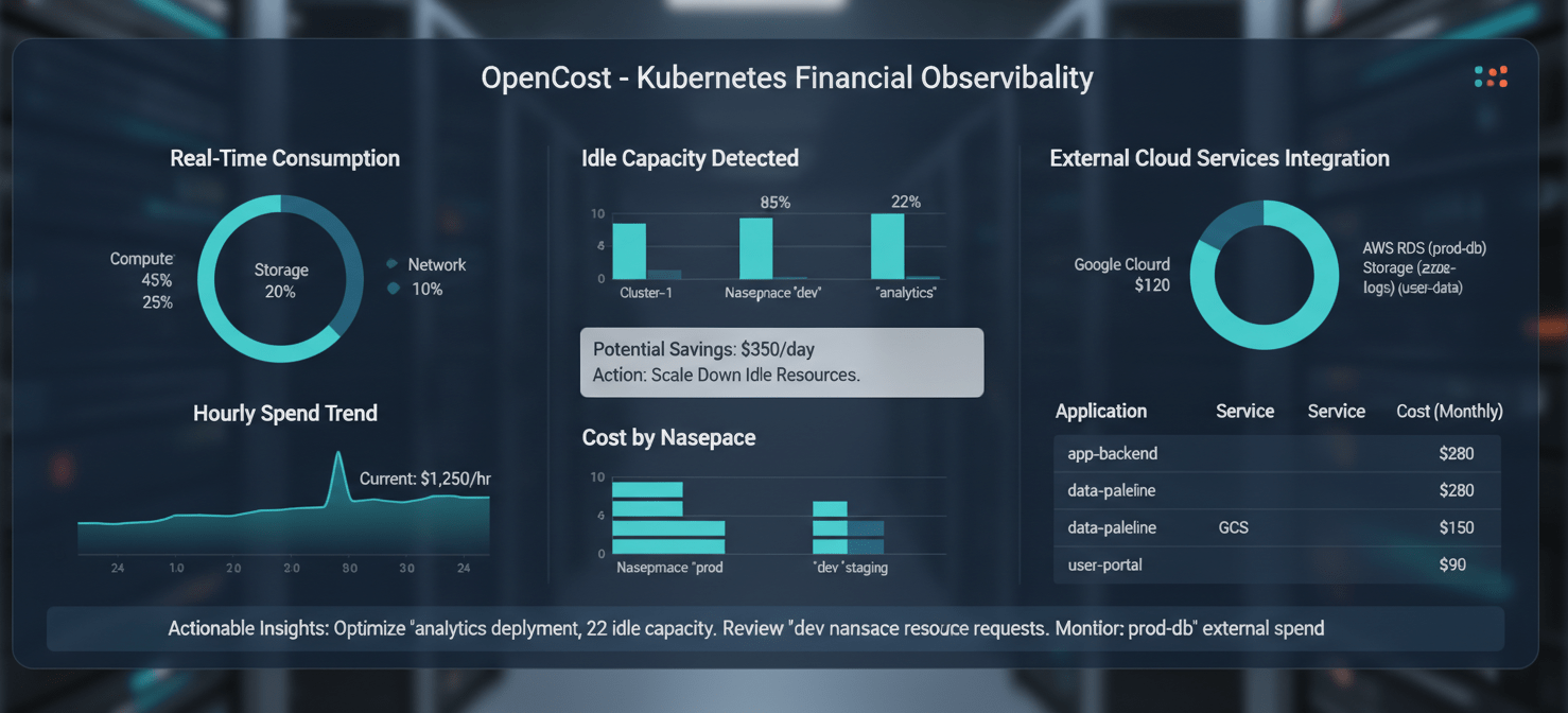 An illustration of an OpenCost dashboard, showcasing real-time, consumption-based Kubernetes cost monitoring with granular breakdowns, idle capacity identification, and insights for optimizing resource usage within an AKS cluster.