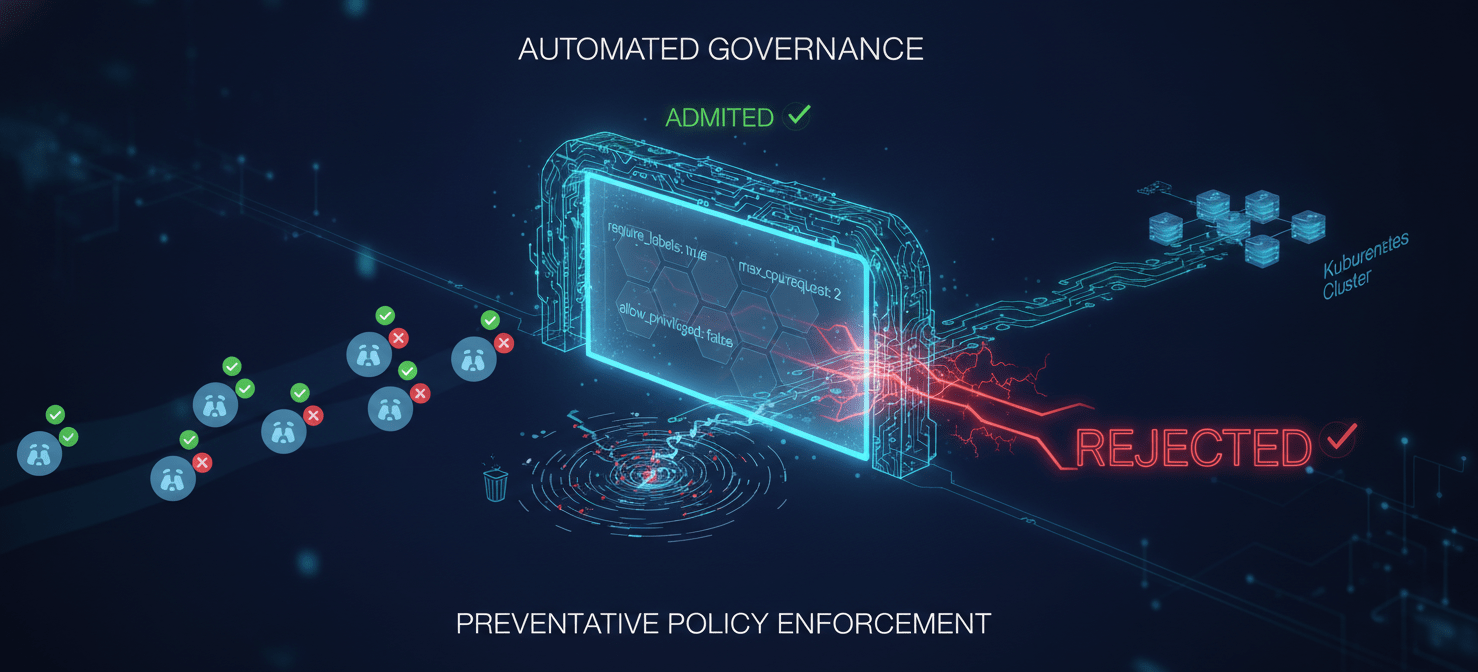 An illustration of automated Kubernetes cost governance policies in action. It shows policy-as-code rules acting as an admission controller, automatically enforcing standards like required labels or resource limits, preventing non-compliant deployments and ensuring continuous kubernetes cost governance.
