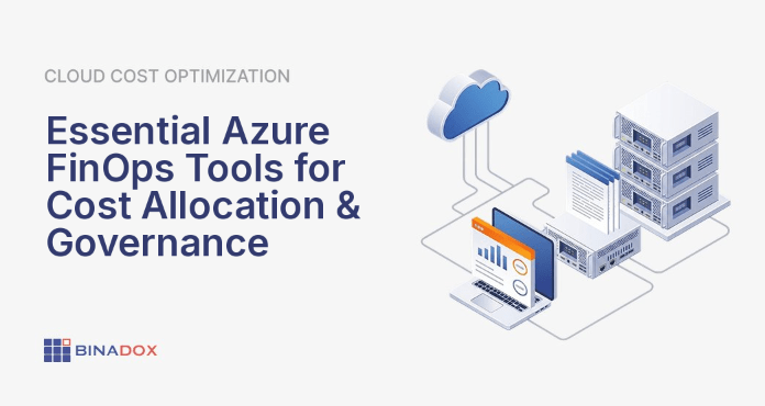 An illustration of essential Azure FinOps tools, showing a comprehensive dashboard with cost allocation, KPIs, and chargeback data, symbolizing data-driven cloud financial management and optimization for FinOps leads.