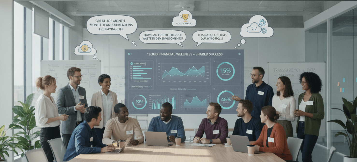 An illustration of FinOps and engineering teams collaborating, reviewing cost dashboards, and discussing strategies to foster a shared culture of cost accountability and efficiency within the organization.