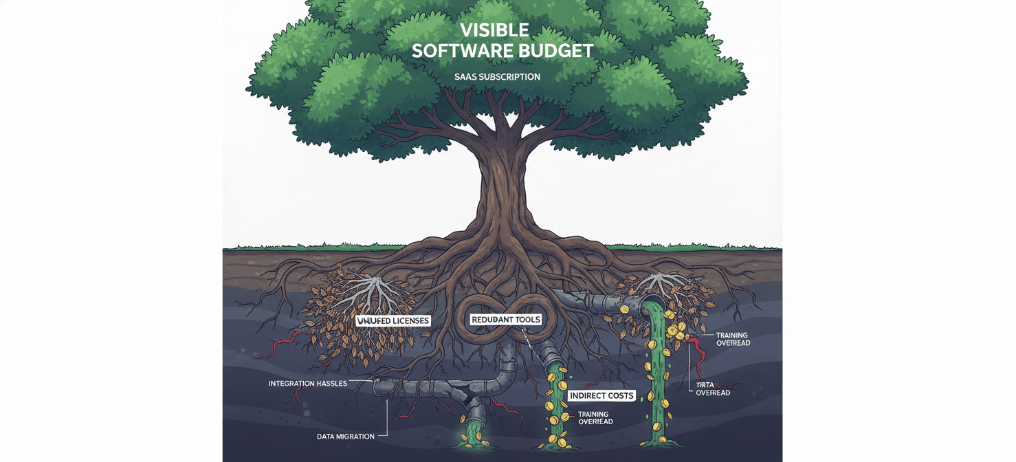 An illustration of hidden costs in SaaS subscriptions, showing a tree with its visible budget above ground, but deep roots revealing 'shelfware' (unused licenses), redundant tools, and indirect expenses like implementation time and increased security risks, silently draining resources.