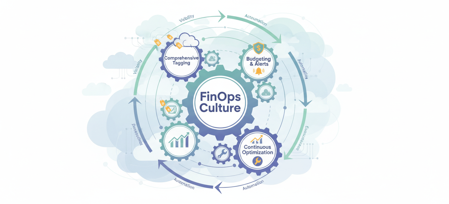 An illustration of interconnected best practices for a robust cloud cost management strategy, including establishing a FinOps culture, enforcing tagging, continuous optimization, and setting automated budgets and alerts.
