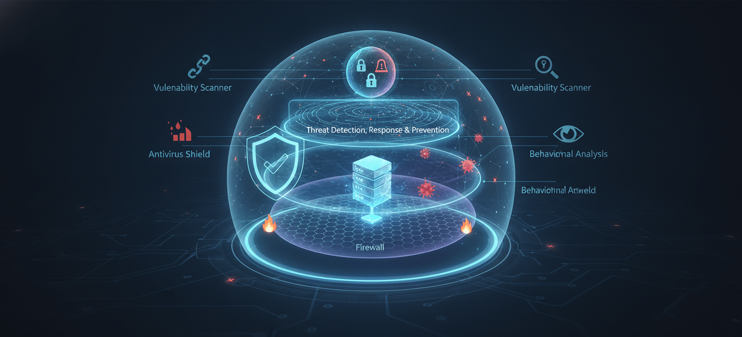 An illustration of multi-layered core security features, including threat and vulnerability management, attack surface reduction, next-generation protection, and endpoint detection and response, all working together to protect a digital environment.
