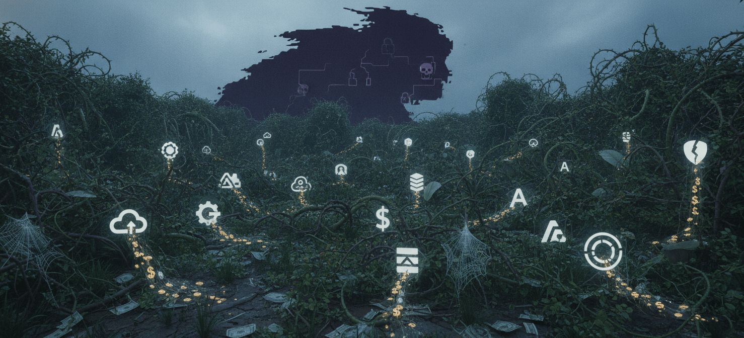 An illustration of 'SaaS sprawl,' depicting a chaotic landscape of disconnected and underutilized software applications, with money leaking from them, symbolizing wasted spend and potential security vulnerabilities for hosting providers.