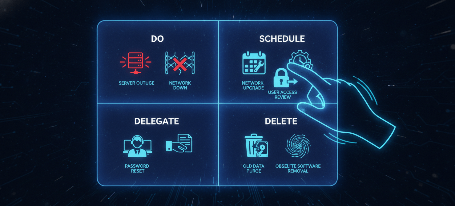 An illustration of the Eisenhower Matrix, categorizing IT tasks into 'Urgent and Important,' 'Important but Not Urgent,' 'Urgent but Not Important,' and 'Neither Urgent nor Important' to guide prioritization, a key aspect of sole IT person best practices.