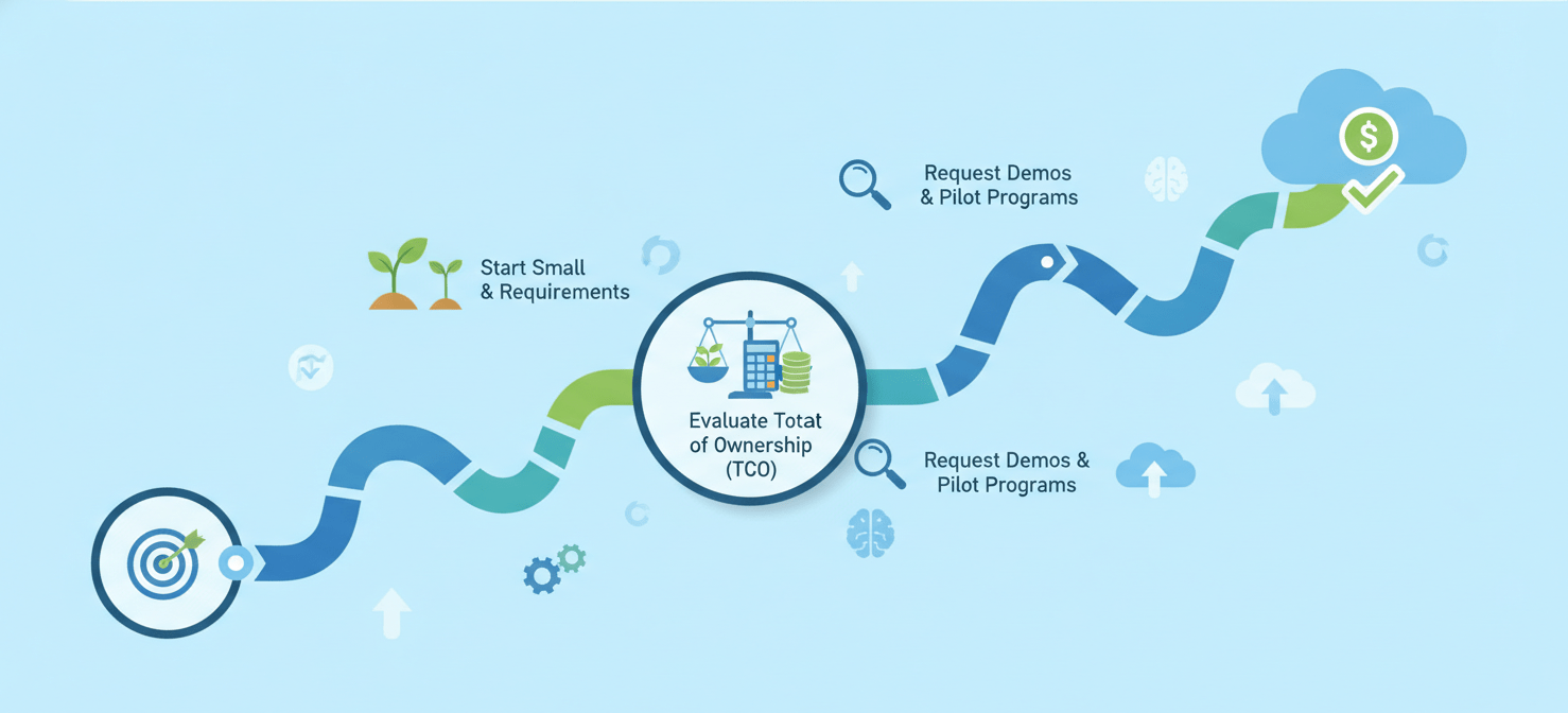 An illustration outlining a strategic process for selecting a cost-effective AI customer support solution, emphasizing steps like defining clear goals, starting with small-scale implementations, evaluating the total cost of ownership, and conducting thorough demos and pilot programs.