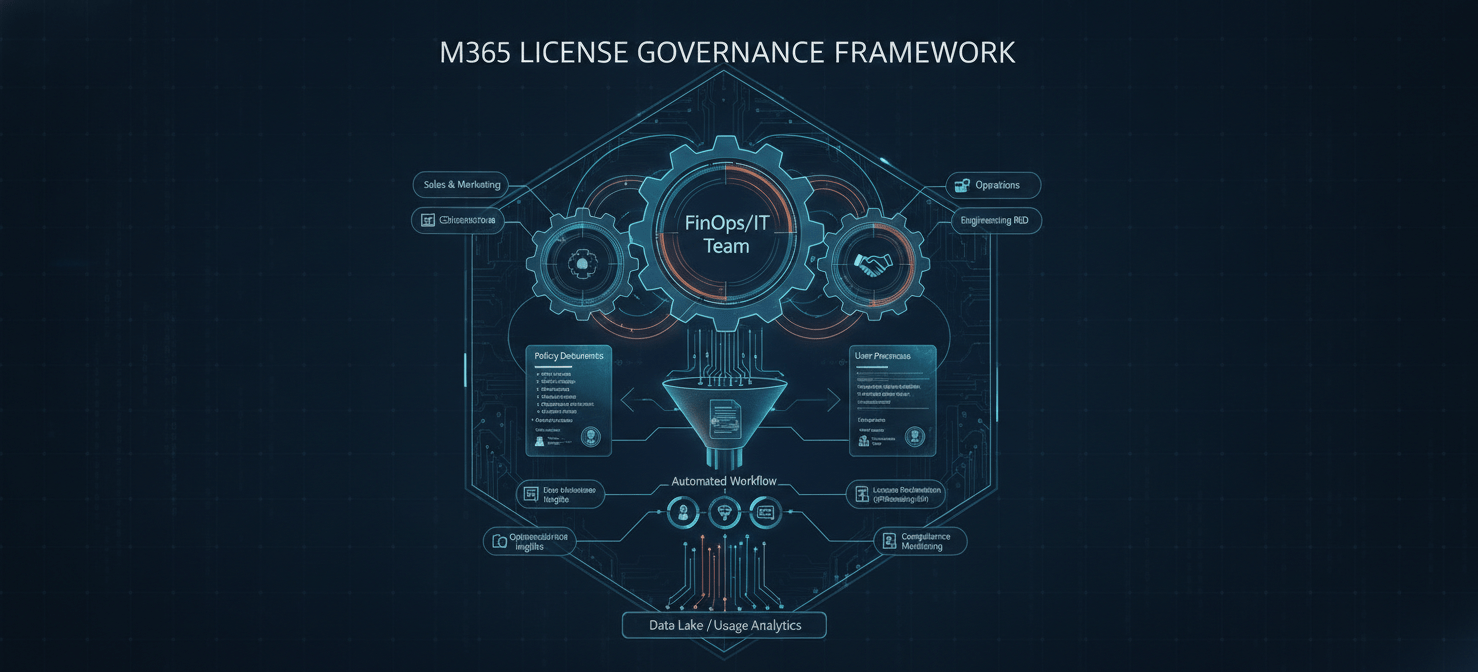 An illustration outlining a structured governance framework for Microsoft 365 licenses. It depicts a collaborative process involving FinOps, IT, and business units, with clear policies, defined user personas, and automated workflows for license requests, approvals, and reclamation. The visual emphasizes how data-driven decision-making and cross-functional teamwork are crucial for efficient and cost-effective license management.