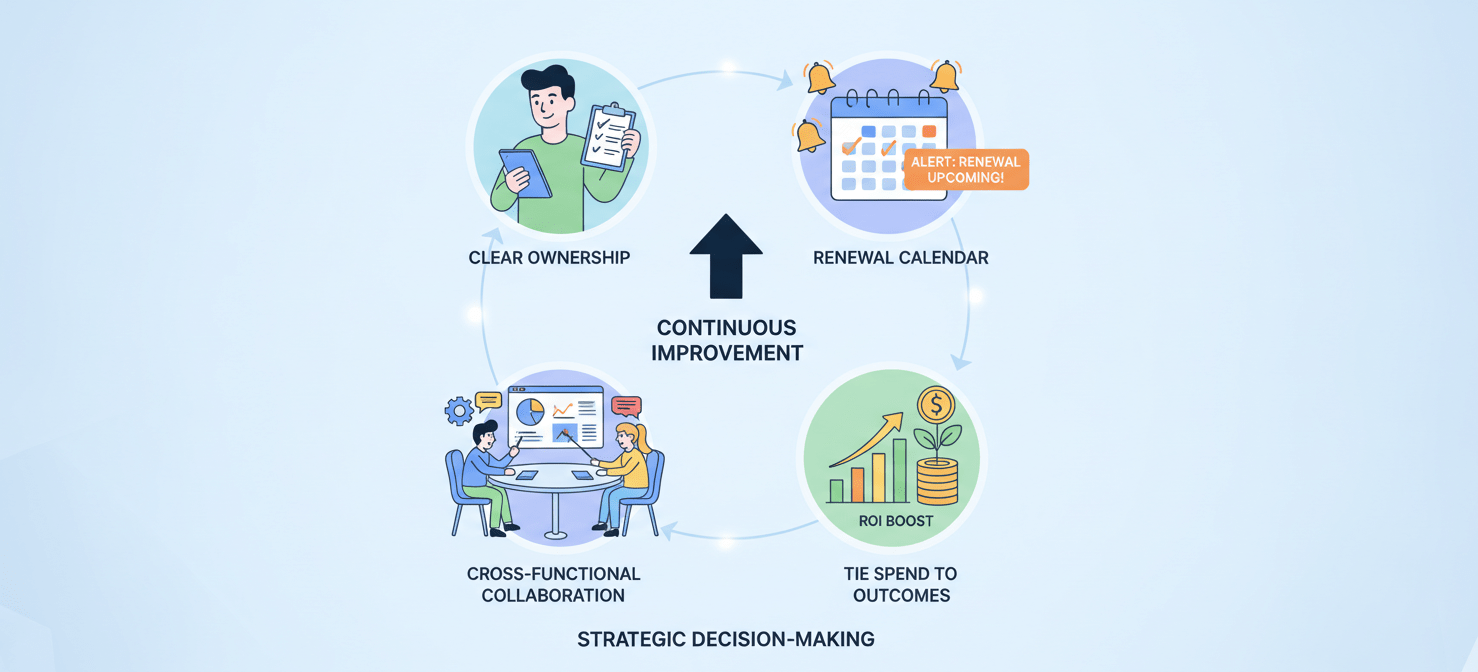 An illustration outlining best practices for continuous SaaS cost optimization. It features interconnected concepts such as establishing clear ownership for applications, maintaining a proactive renewal calendar, fostering cross-functional collaboration between IT, Finance, and departments, and tying software spend directly to measurable business outcomes. The image emphasizes a strategic and ongoing approach to maximizing value from software investments.