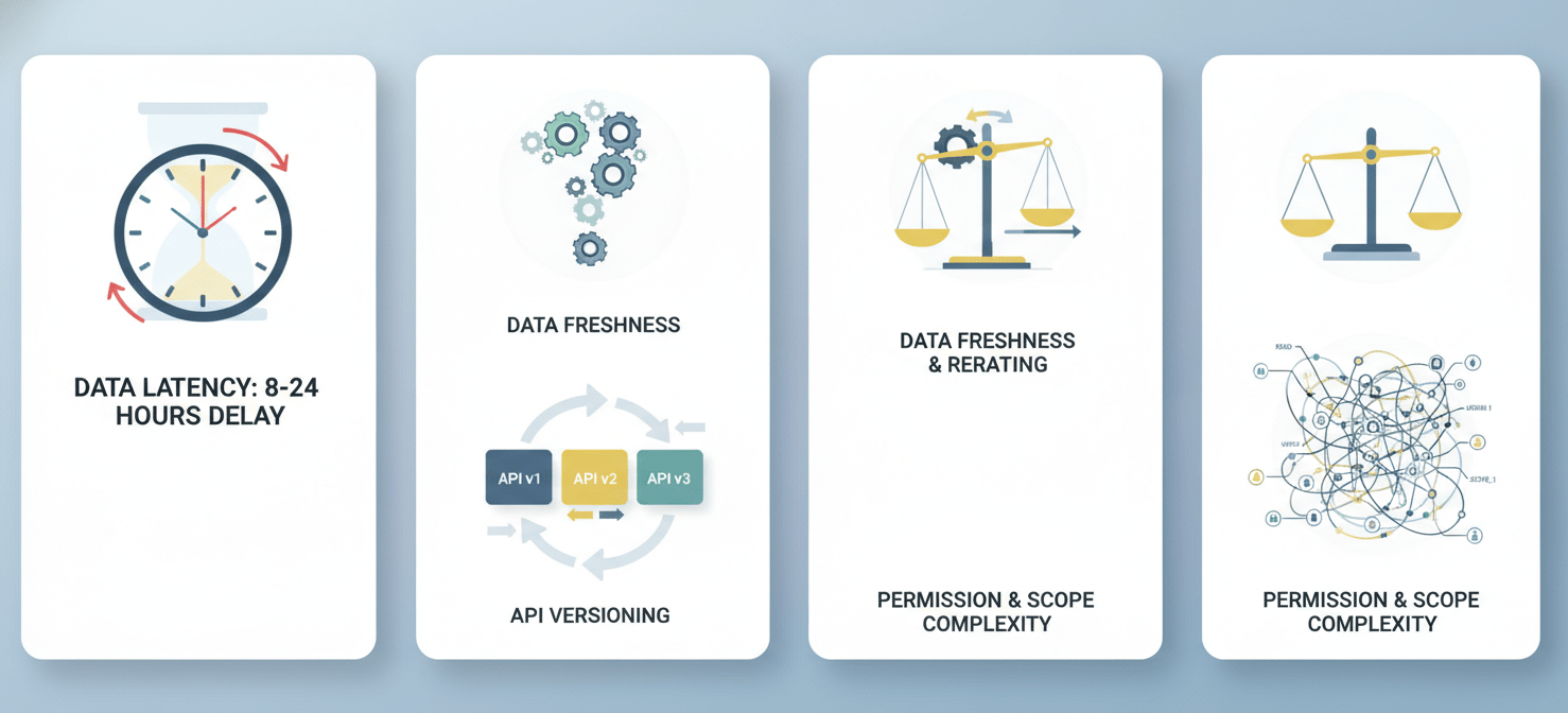 An illustration outlining key limitations and considerations when working with the Cost Management API. It depicts data latency (8-24 hour delay), the dynamic nature of data freshness and potential rerating, the importance of managing API versioning, and the inherent complexity involved in defining and managing scopes and permissions for secure access.