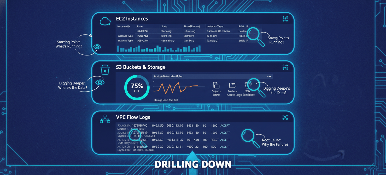 An illustration representing a deeper dive into AWS service-specific analysis, showing simplified views of the EC2 console, S3 bucket metrics, and VPC Flow Logs, indicating the granular investigation required to pinpoint the source of unexpected costs.