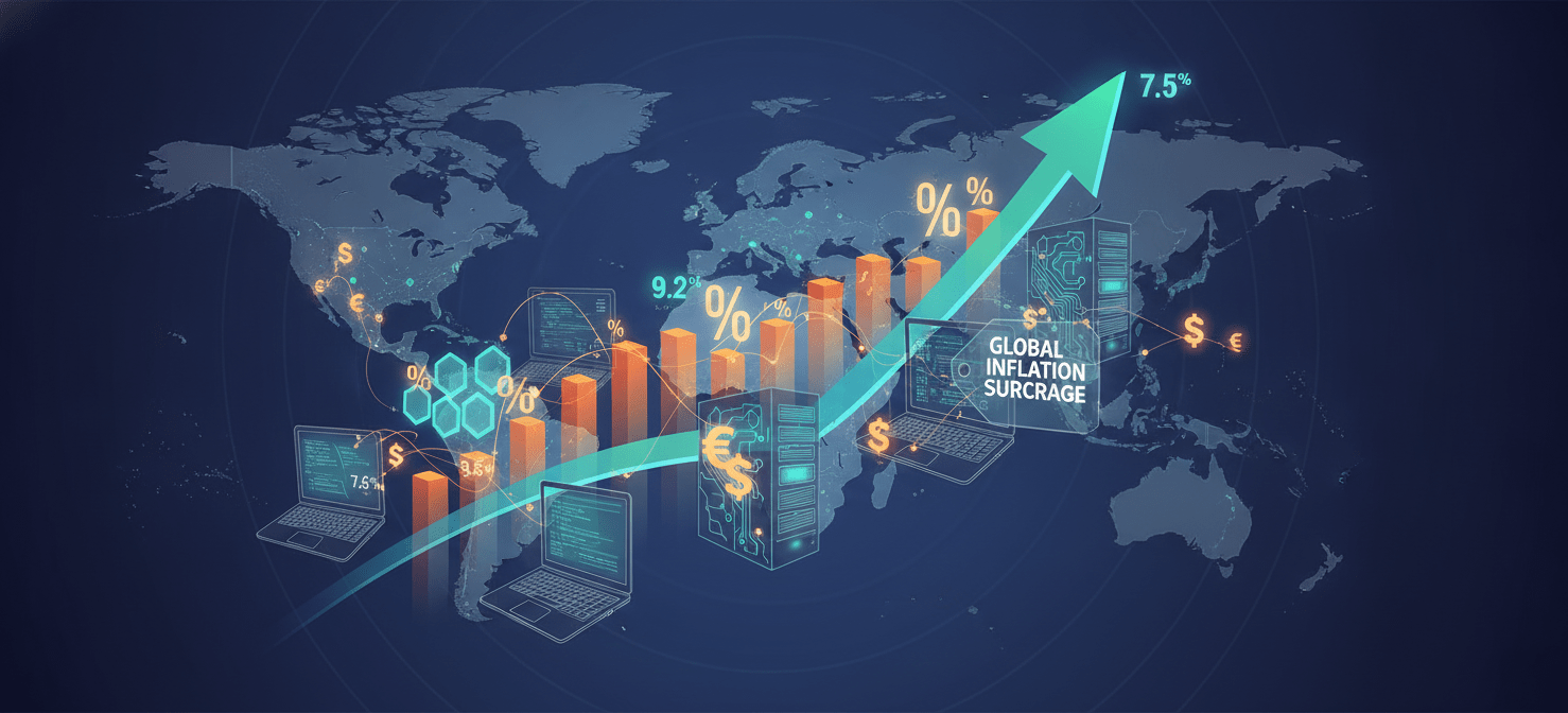 An illustration representing global economic inflation and market adjustments impacting technology pricing. The image combines a rising financial graph with a world map and abstract tech elements, symbolizing how broader economic trends influence software subscription costs and annual price increases.