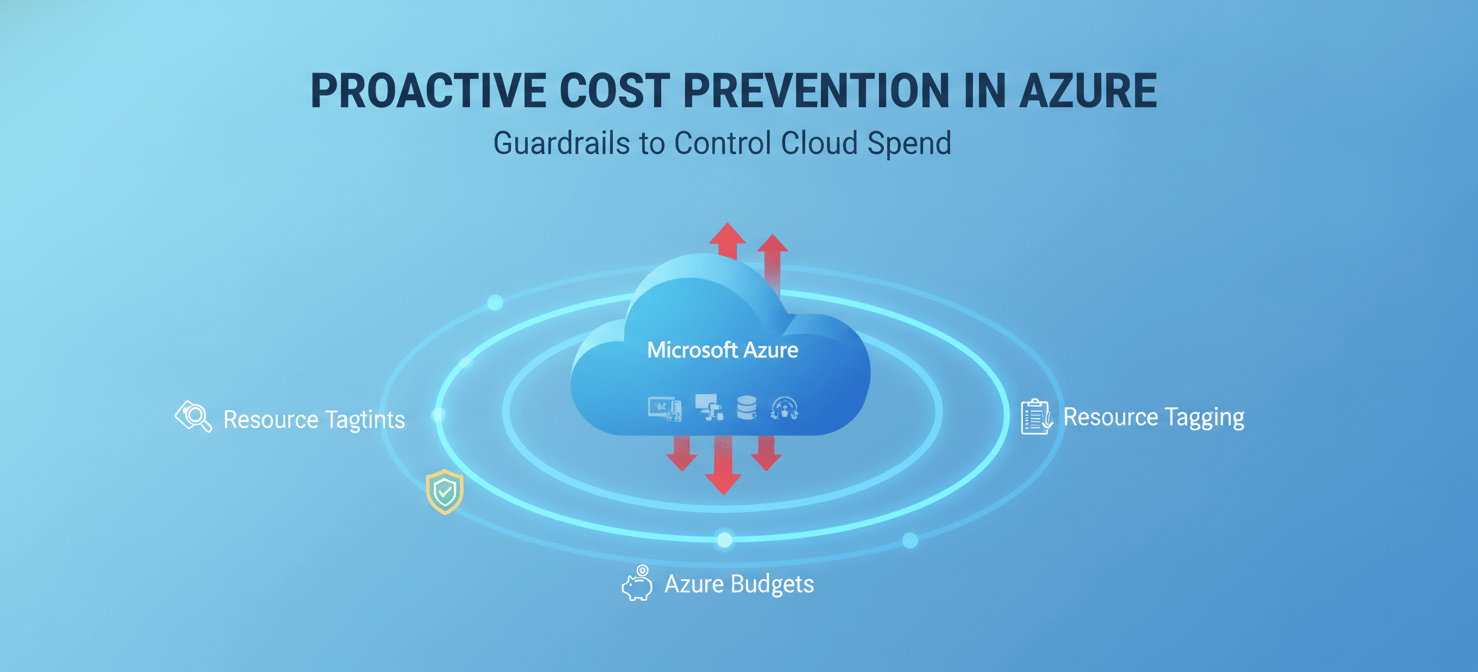 An illustration representing proactive measures to prevent unexpected Azure costs, featuring protective layers labeled 'Azure Budgets', 'Azure Policy', and 'Resource Tagging' acting as guardrails around cloud resources to maintain financial control.