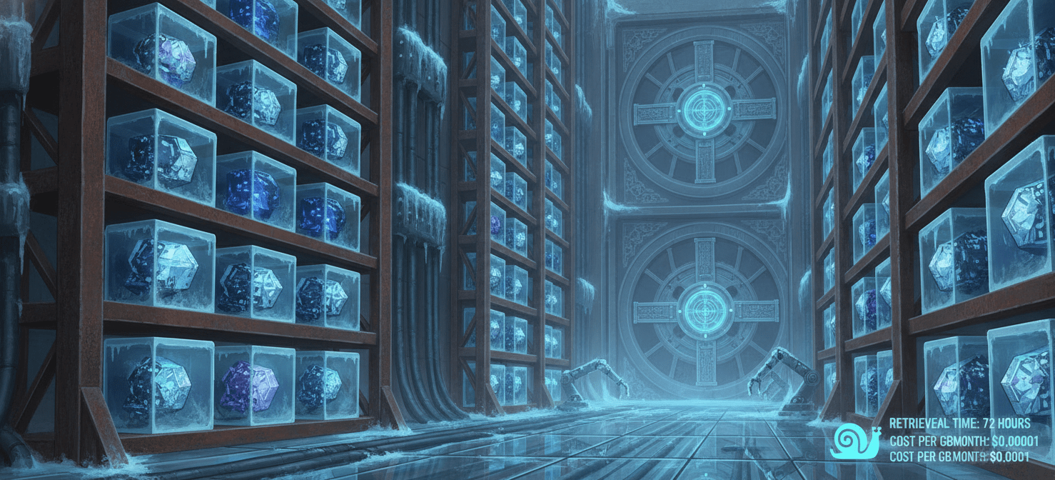An illustration representing S3 Glacier storage as a secure, long-term archive vault, ideal for data that is rarely accessed but must be retained for compliance or historical purposes. The image conveys the concept of deep storage with a focus on cost-effectiveness and durability over immediate access.