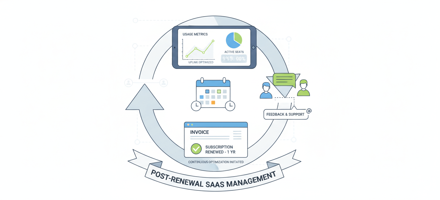 An illustration representing the continuous management phase after a SaaS renewal, showing a cycle of monitoring usage, conducting quarterly reviews, verifying billing accuracy, and maintaining open communication with vendors and internal users.
