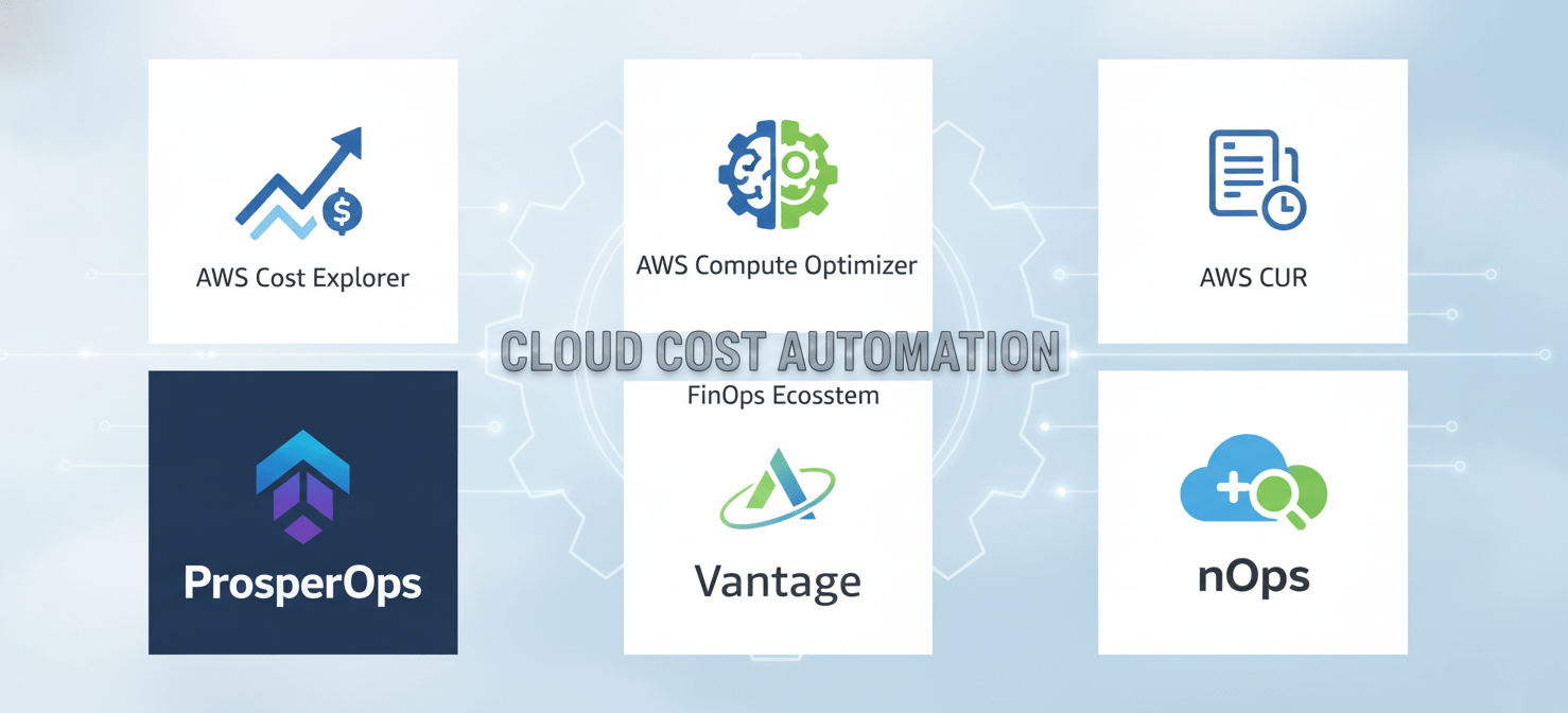 An illustration showcasing a collection of tools and services for advanced cloud cost automation, featuring logos for AWS Cost Explorer, AWS Compute Optimizer, AWS CUR, and third-party platforms like ProsperOps, Vantage, and nOps, highlighting a comprehensive FinOps ecosystem.