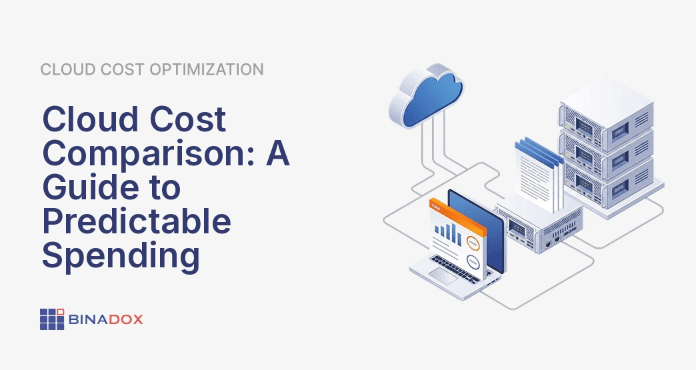 An illustration showcasing a comprehensive cloud cost comparison, with elements representing AWS, Azure, and Google Cloud, alongside financial charts and a magnifying glass over a complex bill, symbolizing the process of optimizing cloud spending for predictability.