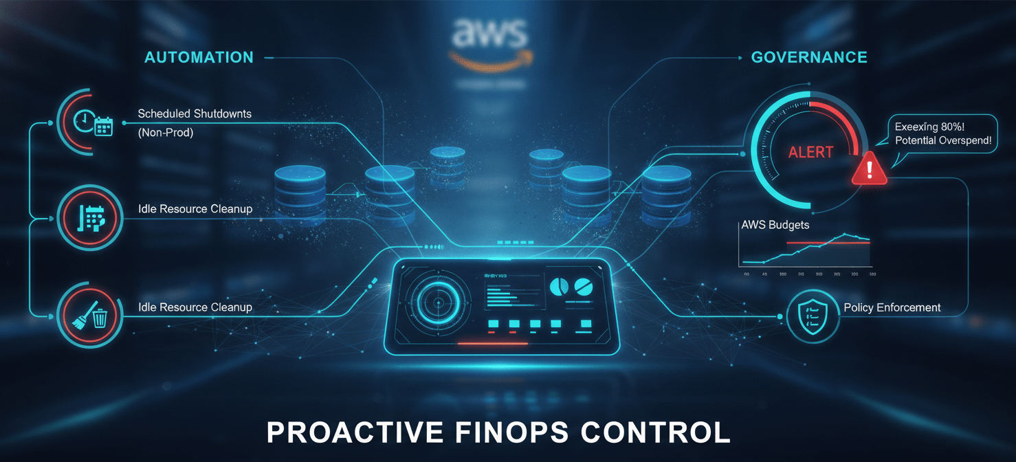 An illustration showcasing advanced FinOps strategies for AWS Aurora, focusing on automation and governance. It depicts automated cost-saving actions like scheduled shutdowns for non-production instances and idle resource cleanup, alongside proactive governance through AWS Budgets and alerts, ensuring continuous cost control and policy enforcement.