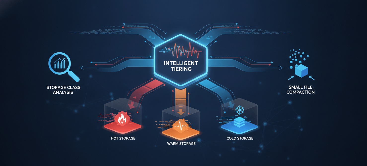 An illustration showcasing advanced S3 cost-saving strategies, including S3 Intelligent-Tiering automatically moving data, Storage Class Analysis providing recommendations, and the concept of compacting small objects into larger files for efficiency.