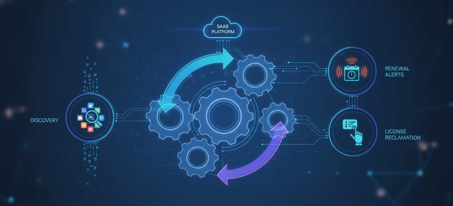 An illustration showcasing automated SaaS spend management workflows, depicting interconnected processes like automated discovery of new applications, proactive renewal alerts, and efficient license reclamation, highlighting how automation streamlines operations and reduces manual effort.
