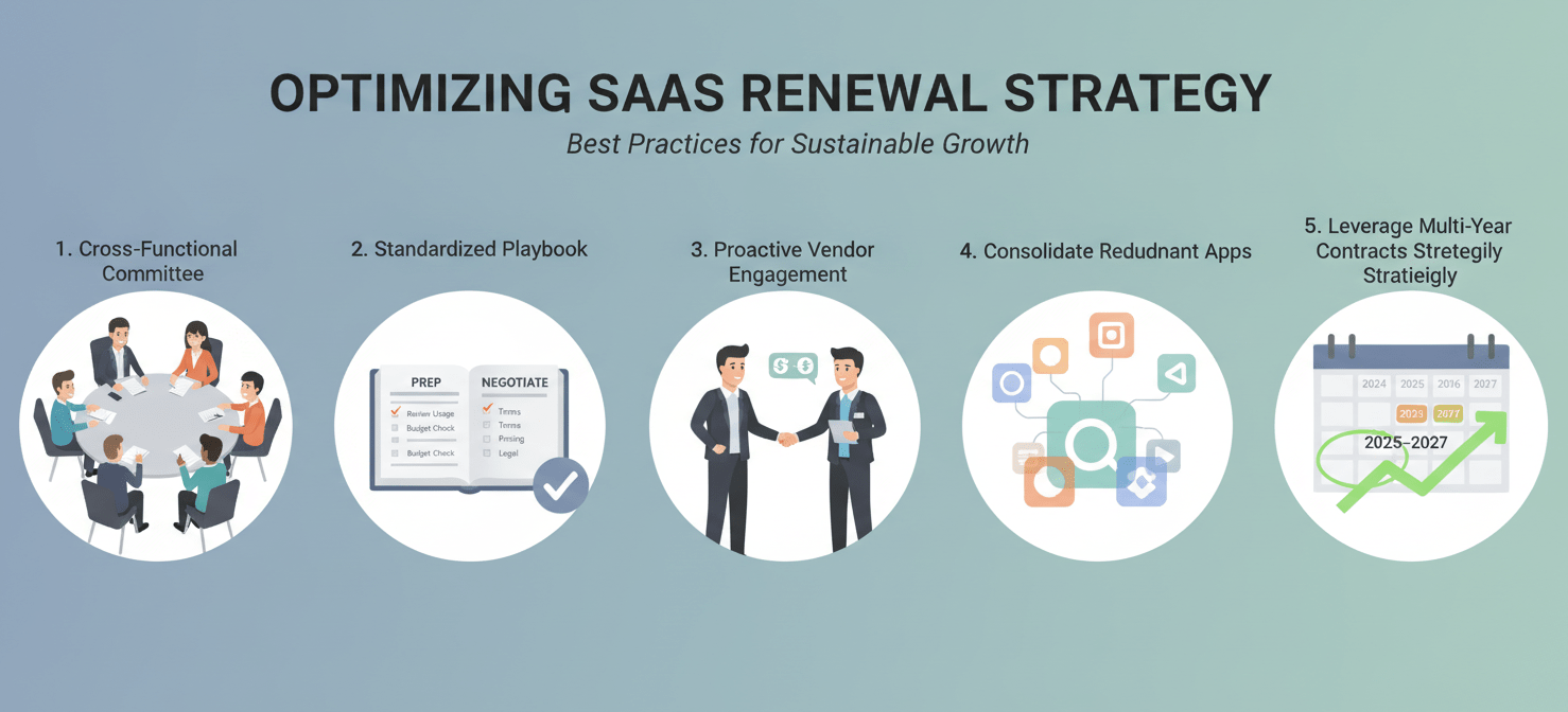 An illustration showcasing best practices for optimizing software renewal strategy, including establishing a cross-functional committee, developing a standardized playbook, proactive vendor engagement, consolidating redundant applications, and strategically leveraging multi-year contracts.