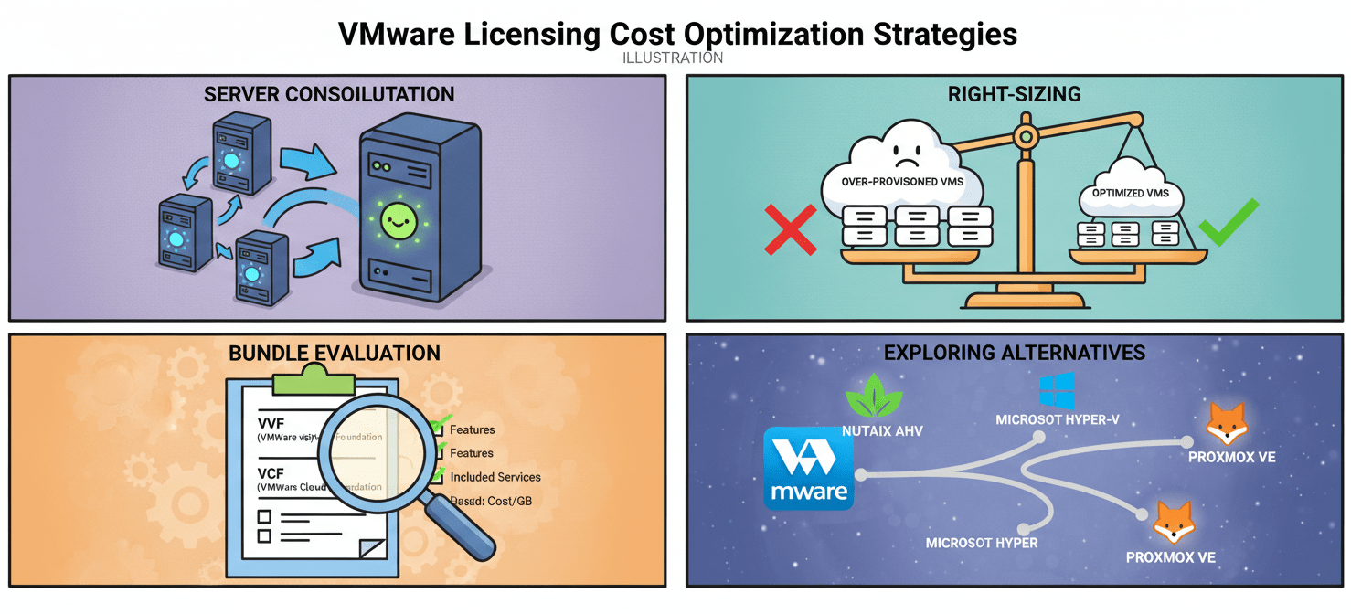 An illustration showcasing key strategies for adapting to and optimizing vmware core licensing costs. It visually represents consolidating hardware, right-sizing virtual environments, carefully evaluating VMware product bundles (VVF vs. VCF), and exploring alternative hypervisor solutions to manage expenses effectively.