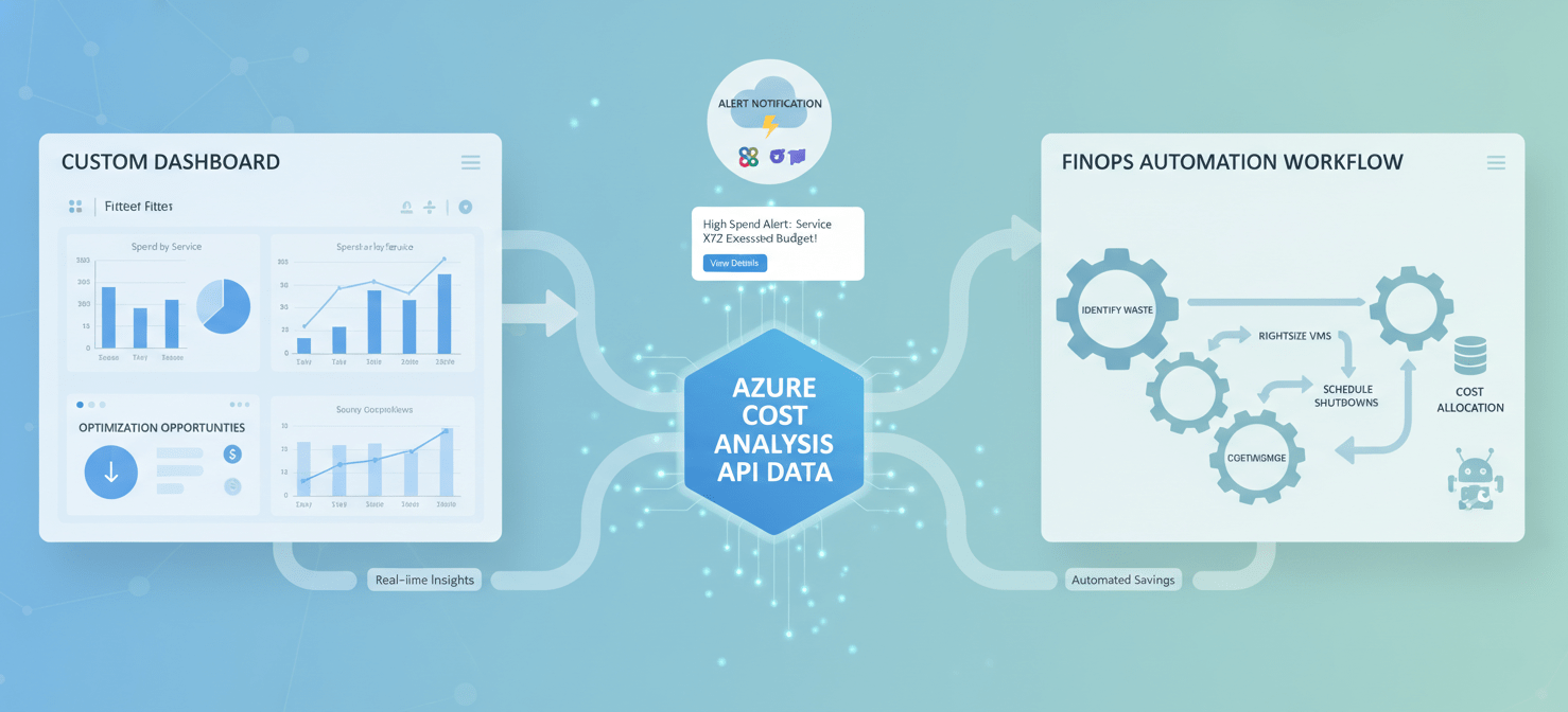 An illustration showcasing practical applications of Azure Cost Management API data, including custom dashboards for visualization, automated alerts for cost anomalies, and integration into FinOps workflows for enhanced cloud financial management and optimization.