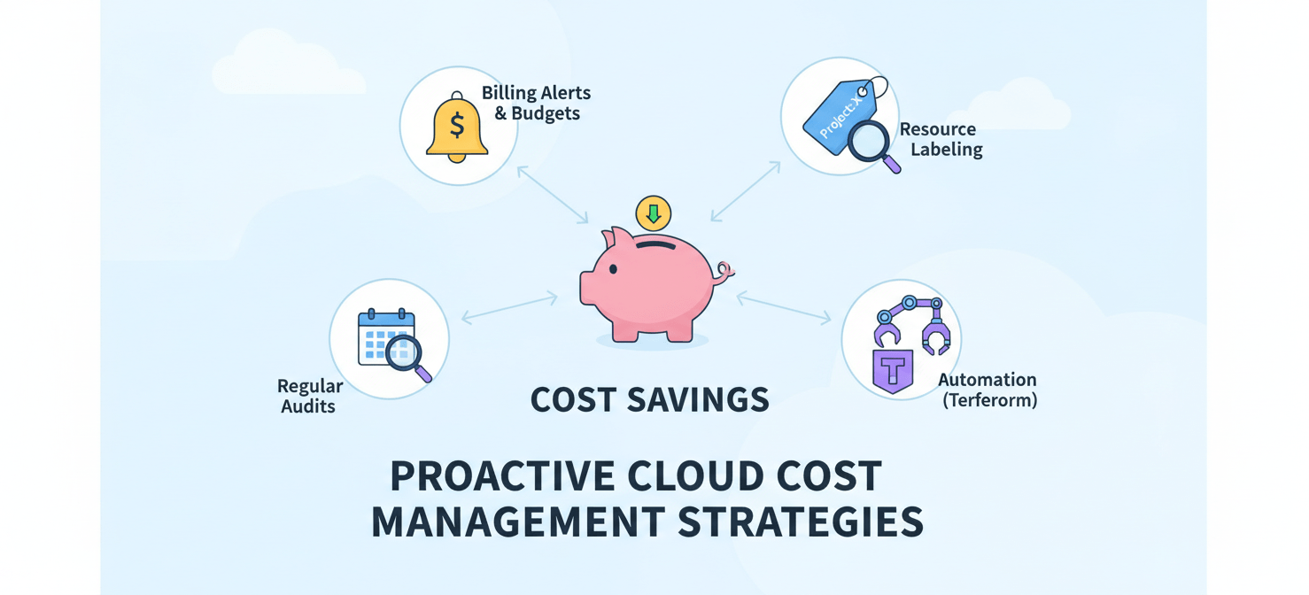 An illustration showcasing proactive strategies for preventing unexpected cloud costs. It features icons representing key practices: a bell for setting billing alerts, a tag for resource labeling, a robot arm for automation with Infrastructure as Code, and a magnifying glass over a calendar for regular resource audits. These elements collectively lead to a visual representation of cost savings.
