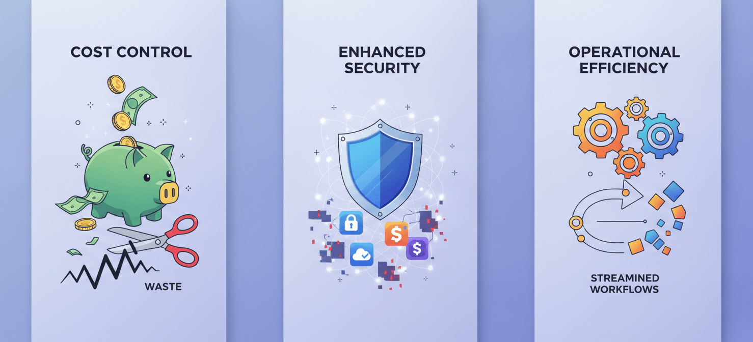 An illustration showcasing the crucial benefits of regular software audits, including significant cost control through waste reduction, enhanced security by identifying shadow IT, and improved operational efficiency through streamlined workflows and standardized tools.