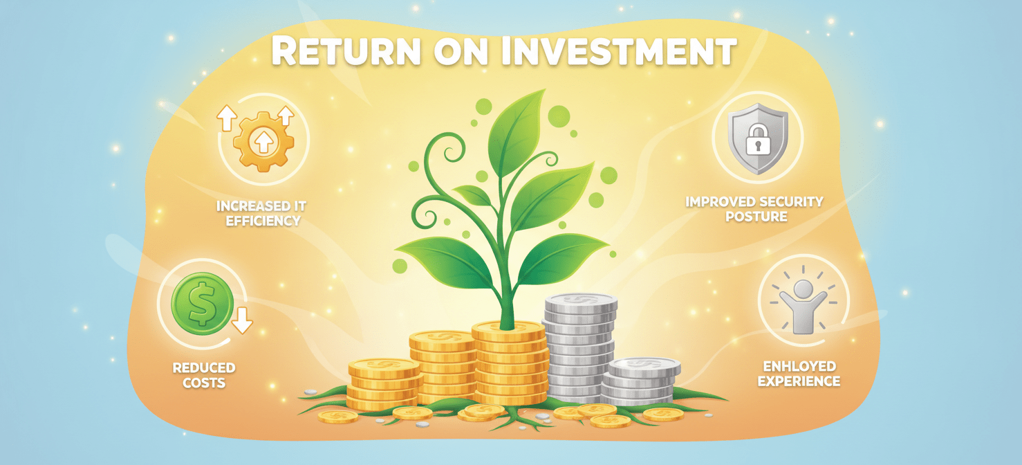 An illustration showcasing the potential benefits and return on investment (ROI) from adopting a new MDM solution. A plant growing from coins symbolizes financial returns, surrounded by icons representing reduced licensing costs, increased IT efficiency through automation, improved security posture, and enhanced employee experience, highlighting the comprehensive advantages of an upgrade.