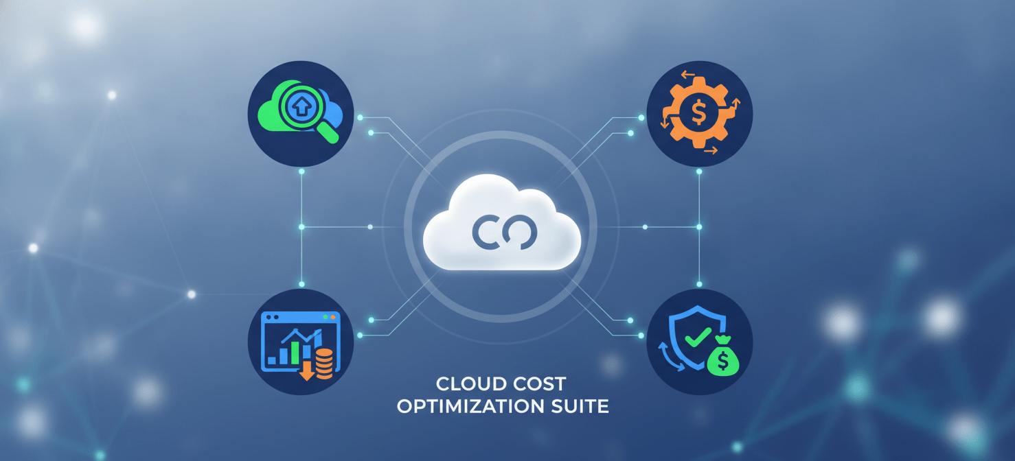 An illustration showcasing various third-party cloud cost optimization tools, represented by distinct icons like a magnifying glass, a gear, and a dashboard, all converging around a central cloud, symbolizing comprehensive management solutions.