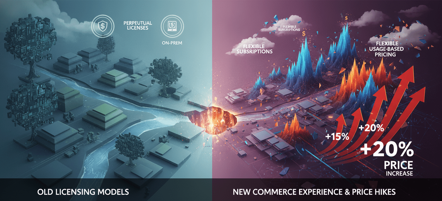 An illustration showing a clear transition from an older, stable software licensing model to a new, more dynamic landscape. On one side, calm digital elements represent predictable pricing, while the other side features upward-trending graphs and complex, interconnected platforms, symbolizing the impact of Microsoft's New Commerce Experience (NCE) and recent price adjustments on businesses.