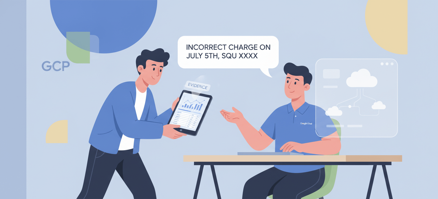 An illustration showing a cloud user engaging with a Google Cloud support representative, presenting evidence from billing reports and data analysis to dispute a specific charge. The user is equipped with detailed information, emphasizing the importance of preparation and clear communication when challenging a cloud bill. This image represents the process of fighting an unexpected cloud bill.