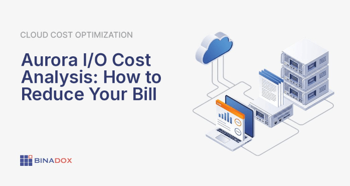 An illustration showing a detailed Aurora I/O cost analysis, with a magnifying glass highlighting I/O operations on a cloud bill. The image conveys the concept of scrutinizing database expenses to identify and reduce high I/O costs in Amazon Aurora environments.