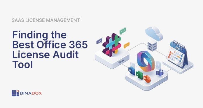 An illustration showing a digital dashboard with various charts and graphs representing Microsoft 365 license usage, costs, and inactive accounts. A prominent magnifying glass highlights the phrase 'office 365 license audit tool,' symbolizing the process of uncovering inefficiencies and optimizing expenditures within a complex cloud environment. The visual emphasizes cost savings, security, and compliance through effective license management.