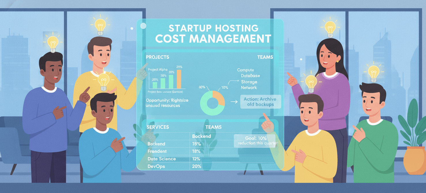 An illustration showing a diverse engineering team collaboratively reviewing a transparent cloud cost dashboard, symbolizing a FinOps culture where engineers have visibility and ownership of expenses, driving better decisions for startup hosting cost management and aligning technical choices with business runway.