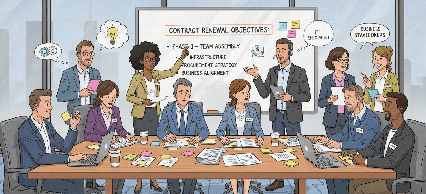 An illustration showing a diverse team of IT, procurement, and business stakeholders collaborating around a table, setting clear objectives and planning their strategy for an upcoming IT support contract renewal.