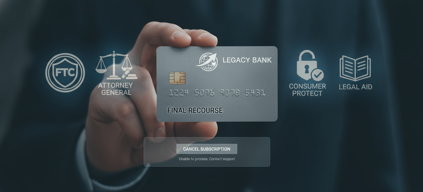An illustration showing a hand holding a credit card, with accompanying icons for a bank and consumer protection agencies, representing the final financial and legal recourse options available when all other attempts to cancel a SaaS subscription have failed.
