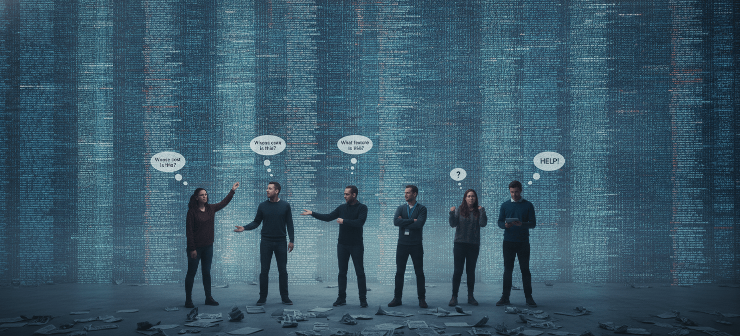 An illustration showing a large, complex, and unreadable cloud bill, resembling an impenetrable wall of numbers. Several engineering team members appear confused and frustrated, highlighting the challenge of diffused responsibility and lack of attribution for cloud costs within an organization.