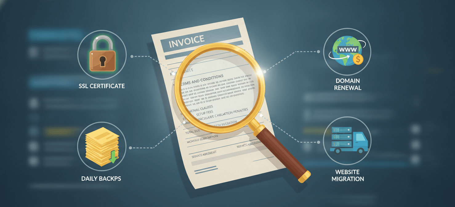 An illustration showing a magnifying glass examining the fine print of a web hosting invoice, with icons representing common additional charges like SSL certificates, backup services, and website migration fees. This image emphasizes the need to carefully review contracts for unexpected costs.