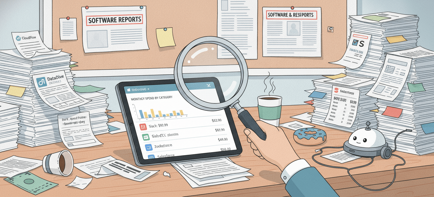 An illustration showing a meticulous audit process, with a magnifying glass examining a digital spreadsheet filled with SaaS subscription details, surrounded by credit card statements and expense reports. This visual emphasizes the critical first step of discovering and inventorying every software tool to gain visibility into spending.