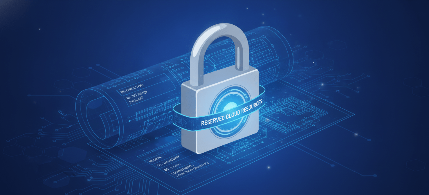 An illustration showing a padlock securing a detailed blueprint of an EC2 instance, labeled with specific attributes like 'm5.xlarge', 'us-east-1', and 'Linux'. This visual emphasizes the highly specific and fixed nature of Reserved Instance commitments.
