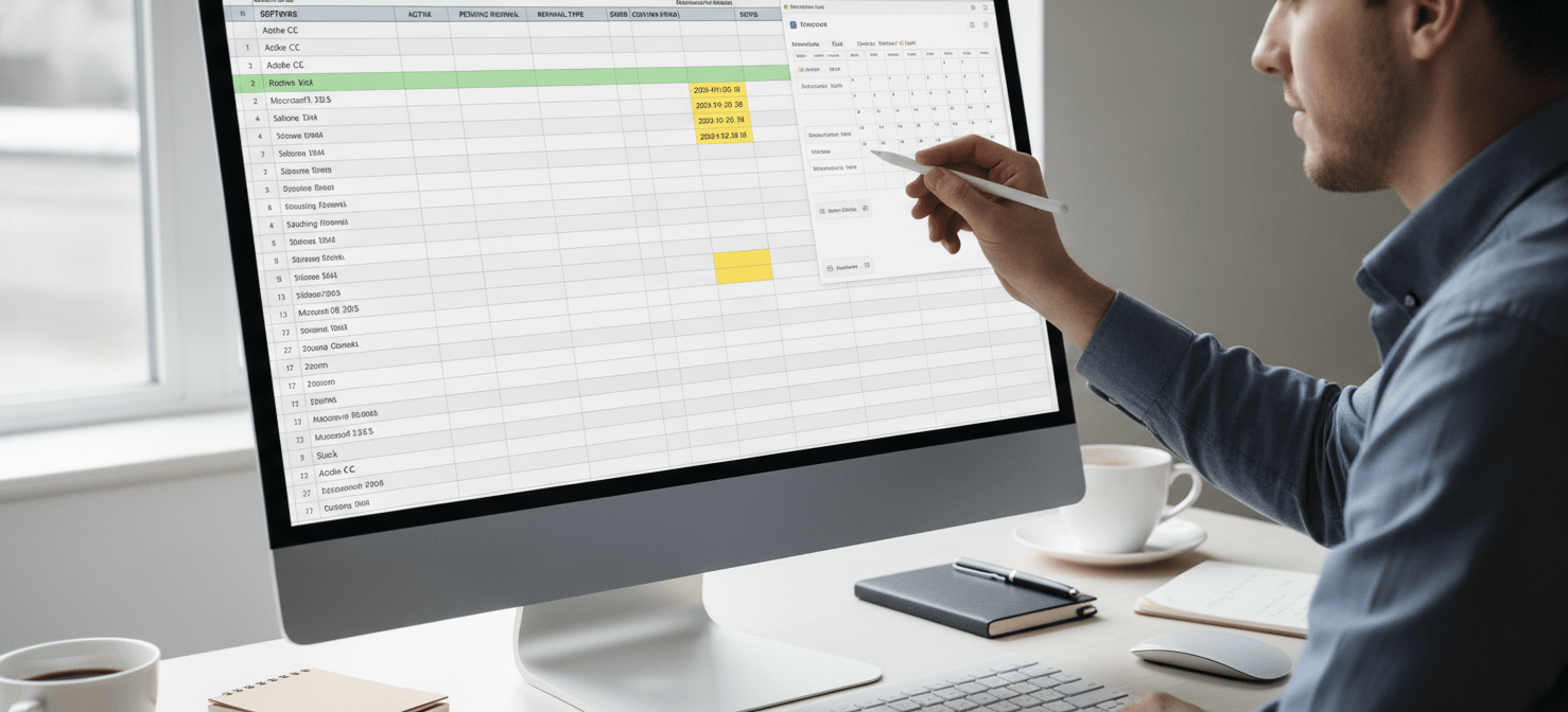 An illustration showing a person diligently tracking SaaS contract renewal dates on a digital calendar or spreadsheet, emphasizing the importance of a proactive approach to subscription management and avoiding auto-renewal surprises.