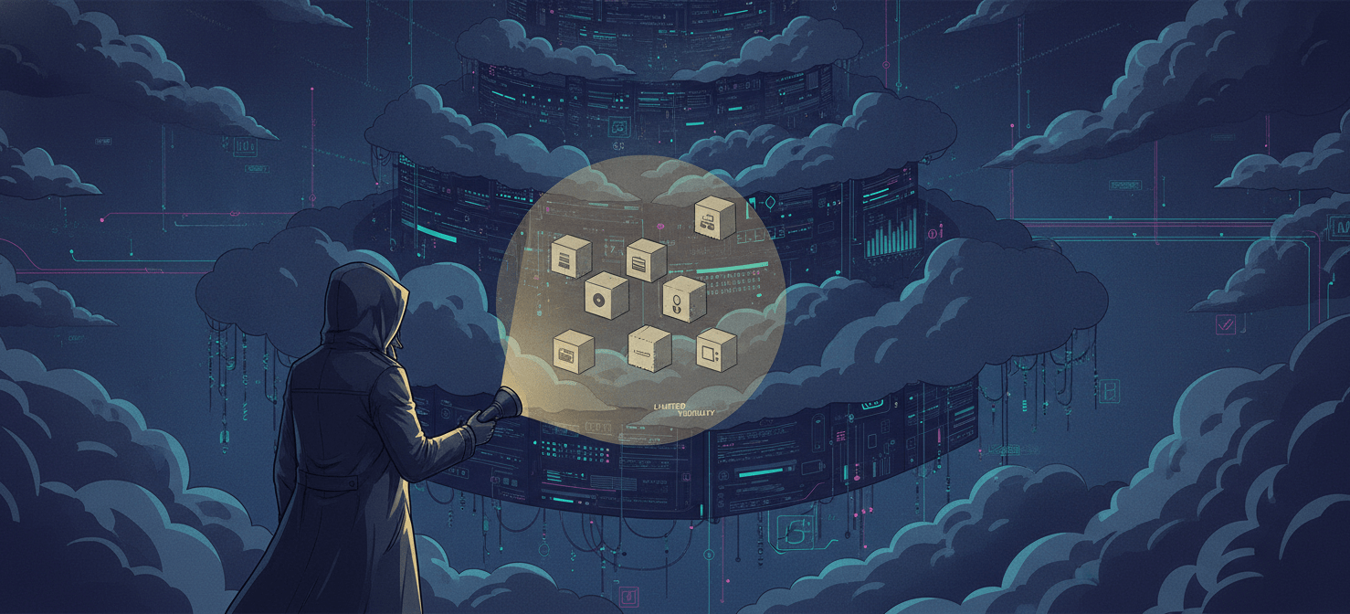 An illustration showing a person with a small flashlight in a vast, complex cloud environment, symbolizing the limited visibility and granular detail offered by native tools when managing intricate cloud costs.