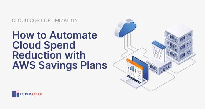 An illustration showing a sophisticated automated system efficiently managing cloud resources to automate cloud spend reduction. The system features robotic arms, data streams, and dashboards displaying optimized cost metrics within a dynamic AWS cloud environment, symbolizing programmatic control and data-driven financial management for DevOps teams.