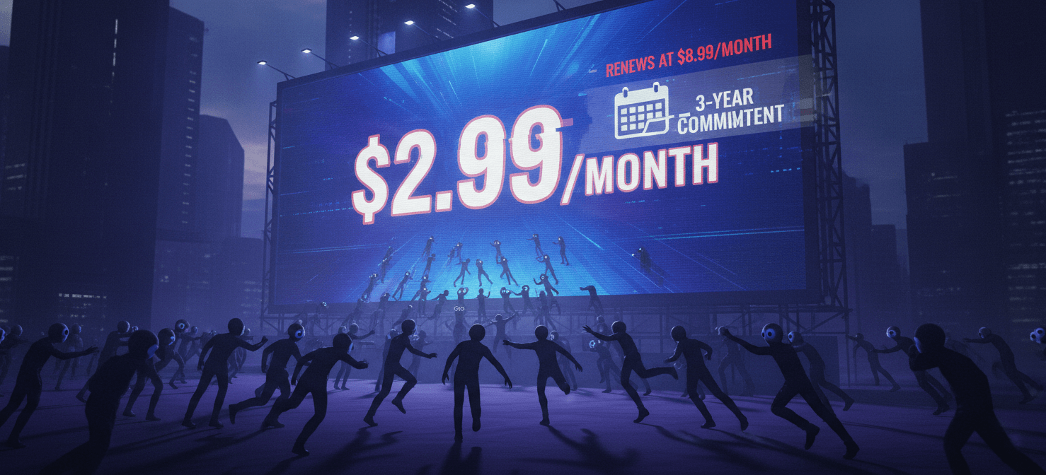 An illustration showing a spotlight on a very low introductory price for web hosting, drawing in customers. In the shadows, a much higher renewal price and a multi-year contract term are subtly visible, hinting at the deceptive nature of initial offers.