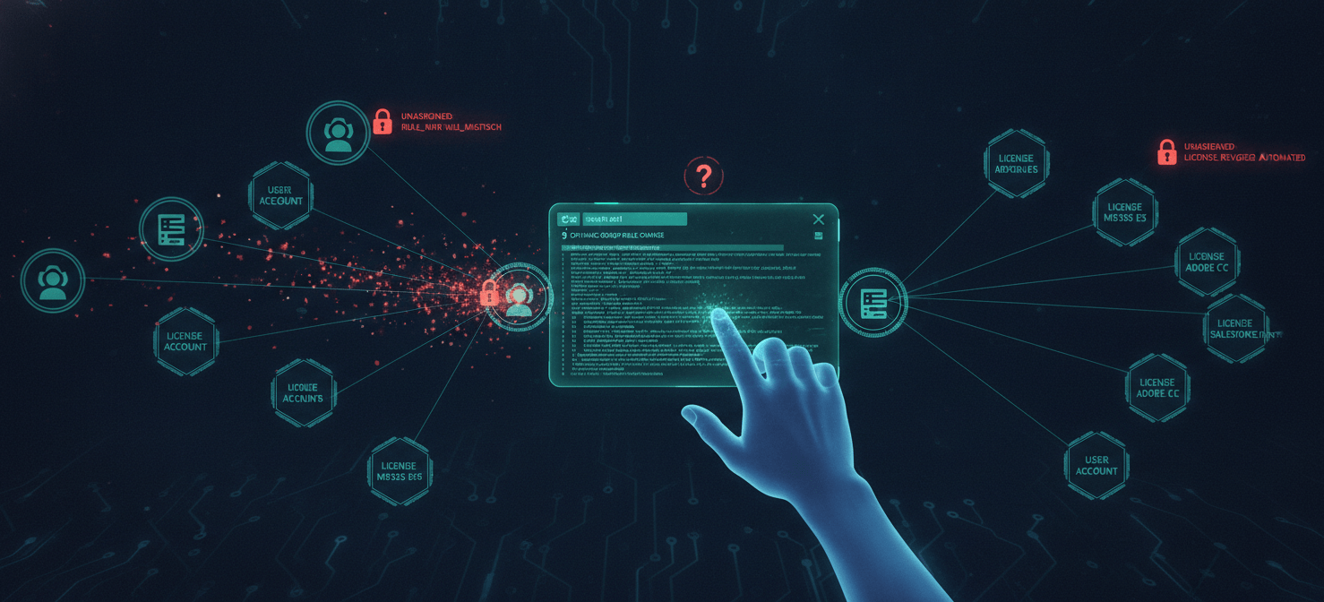 An illustration showing an administrator's hand interacting with a command-line interface or a script, with lines connecting user profiles to their assigned licenses. Some of these lines are breaking or becoming disconnected, visually representing how administrative changes, scripts, or dynamic group rule modifications can inadvertently cause Office 365 licenses to be unassigned automatically.