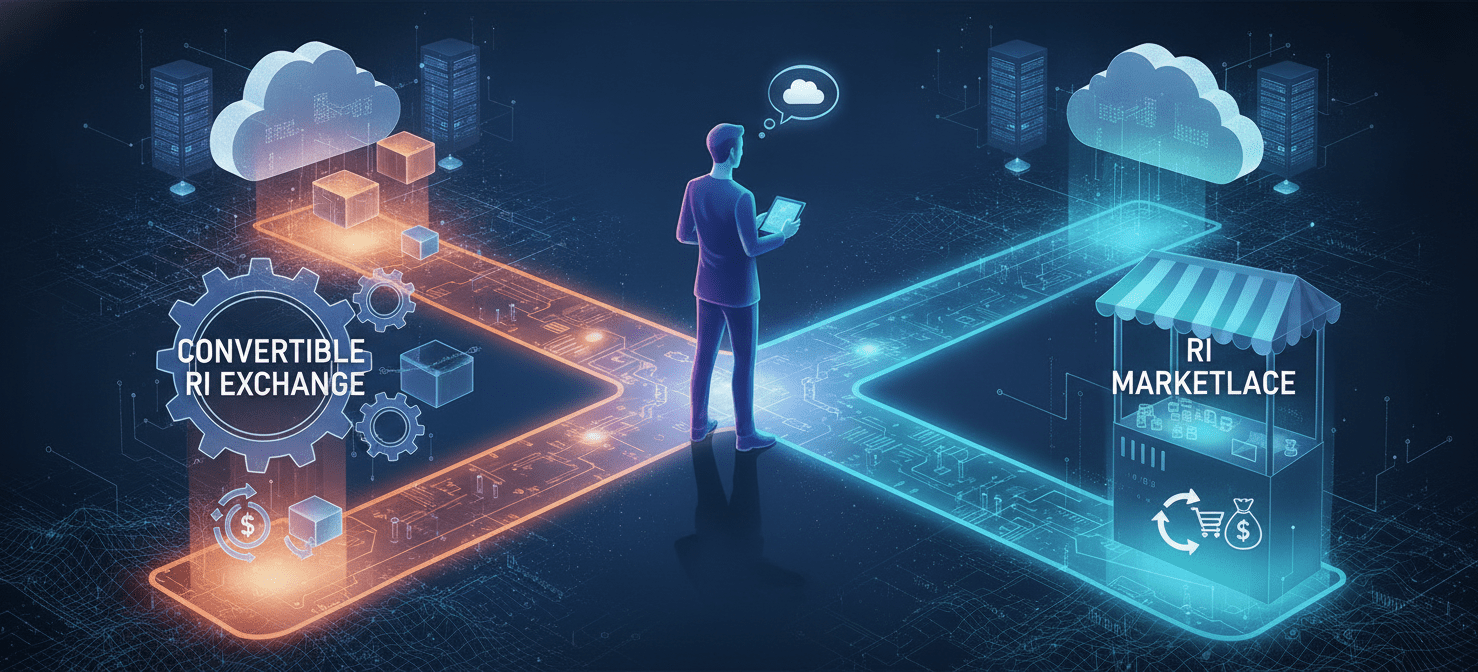 An illustration showing an engineering manager making a strategic decision regarding Reserved Instances, with paths leading to either exchanging Convertible RIs for new configurations or selling unused Standard RIs on the AWS RI Marketplace, emphasizing adaptability in cloud financial management.