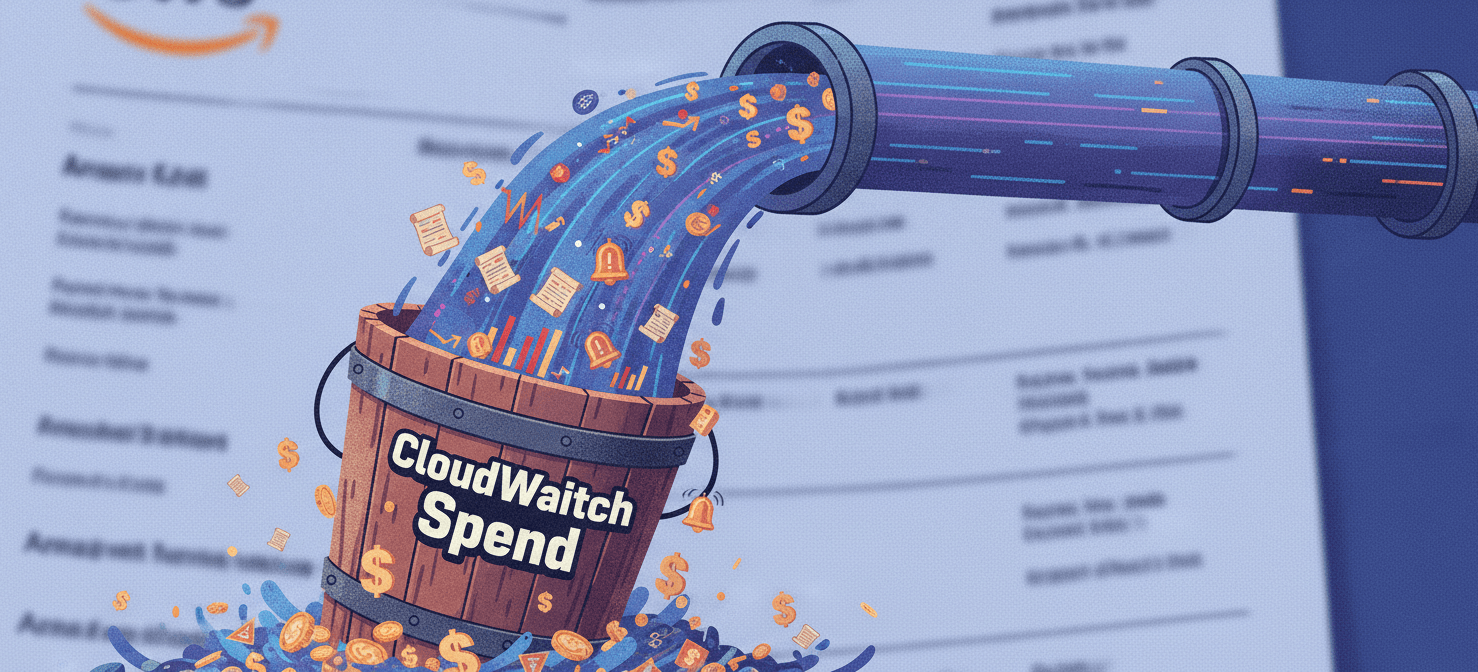 An illustration showing an overflowing digital pipeline of CloudWatch logs and metrics, symbolizing unchecked data ingestion and storage. Dollar signs spill from a large bucket labeled "CloudWatch Spend," representing the hidden and escalating costs associated with verbose logging, infinite retention, and high-cardinality metrics without proper management.