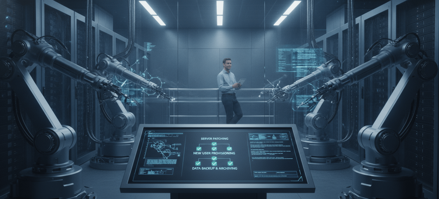 An illustration showing automated processes, represented by robotic arms and gears, handling repetitive IT tasks like patching and user onboarding, a core component of sole IT person best practices for efficiency.
