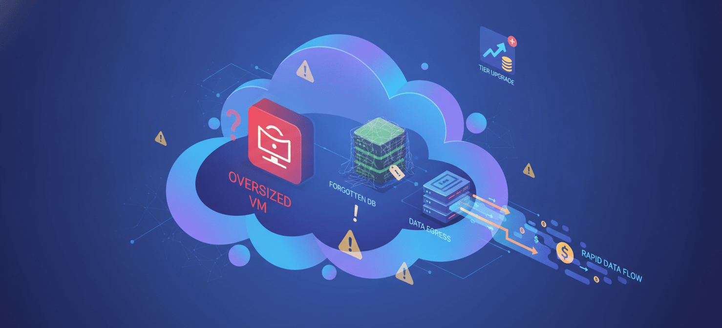 An illustration showing common reasons for unexpected cloud charges, including an oversized virtual machine, a forgotten database server, high data egress, and an icon representing an accidental service tier upgrade, all contributing to increased expenses.